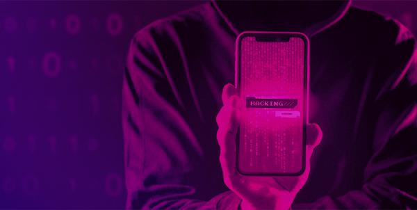 hand holding phone with hacking shown on the screen in purple and pink colour tones as part of forensic investigation services