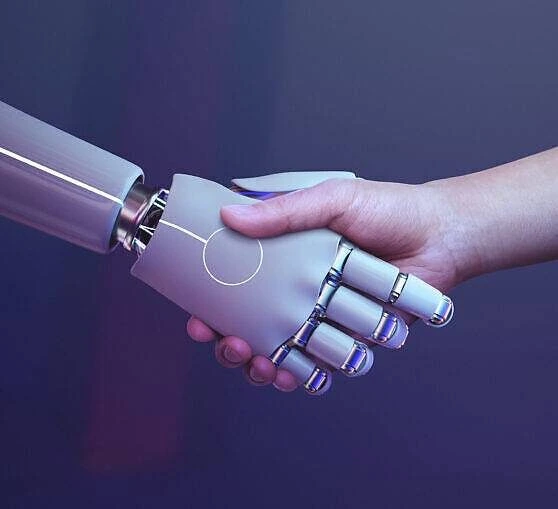 Robot handshake human background, futuristic digital age, staying protected in the digital world with solutions